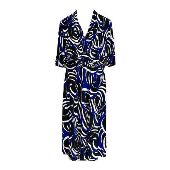 Evan Picone Women's Blue Black Swirl Print Elbow-Length Midi Dress Size 10 - Picture 1 of 8